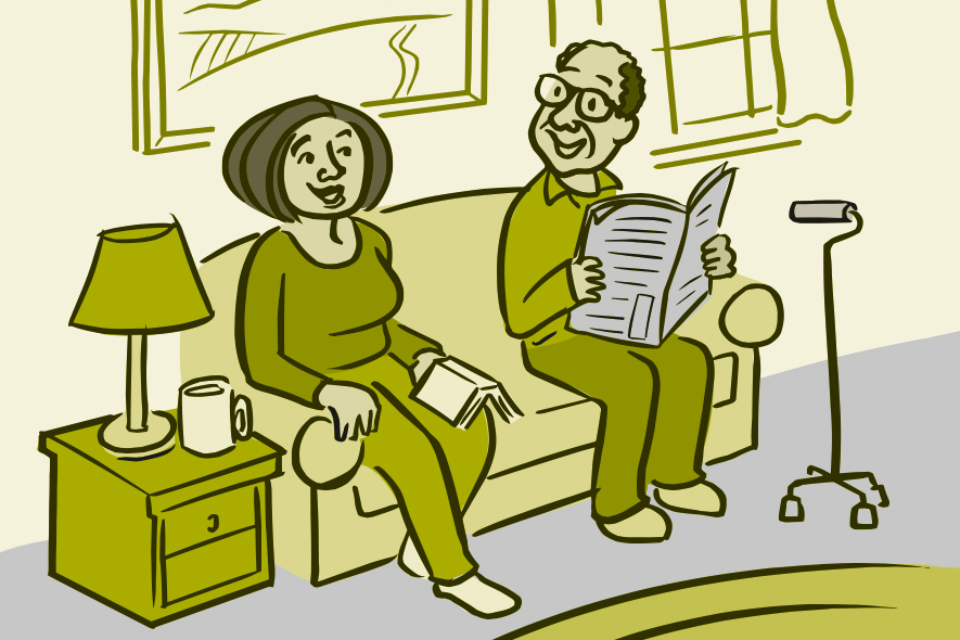 Illustration of a smiling older man and woman sitting on the couch with a walking cane nearby.