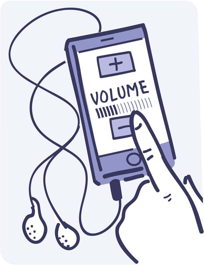 Illustration of a finger turning down the volume on an audio player with ear buds.