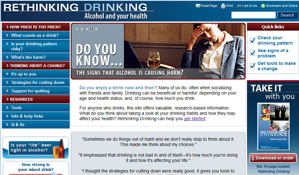 Screen capture of the homepage for the Rethinking Drinking website.