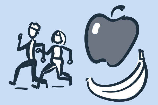 Illustration of fruits and people jogging.