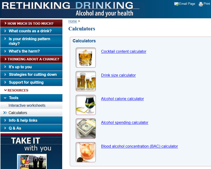 Screen capture of NIH’s Alcohol Calculators webpage.
