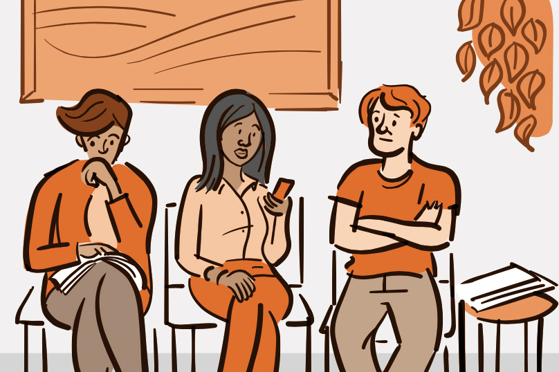 Illustration of a 3 people sitting in a doctor’s waiting room.
