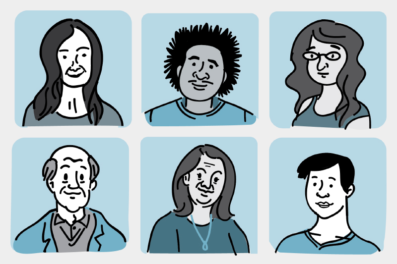 Illustration of 9 men and women of differing ages and ethnicities.