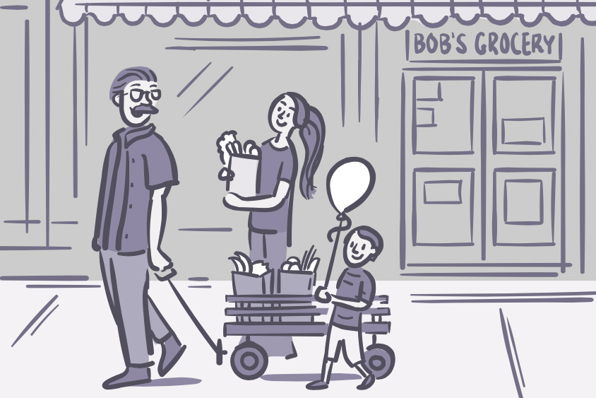 Illustration of a man, woman, and child walking with bags from a local grocery store.