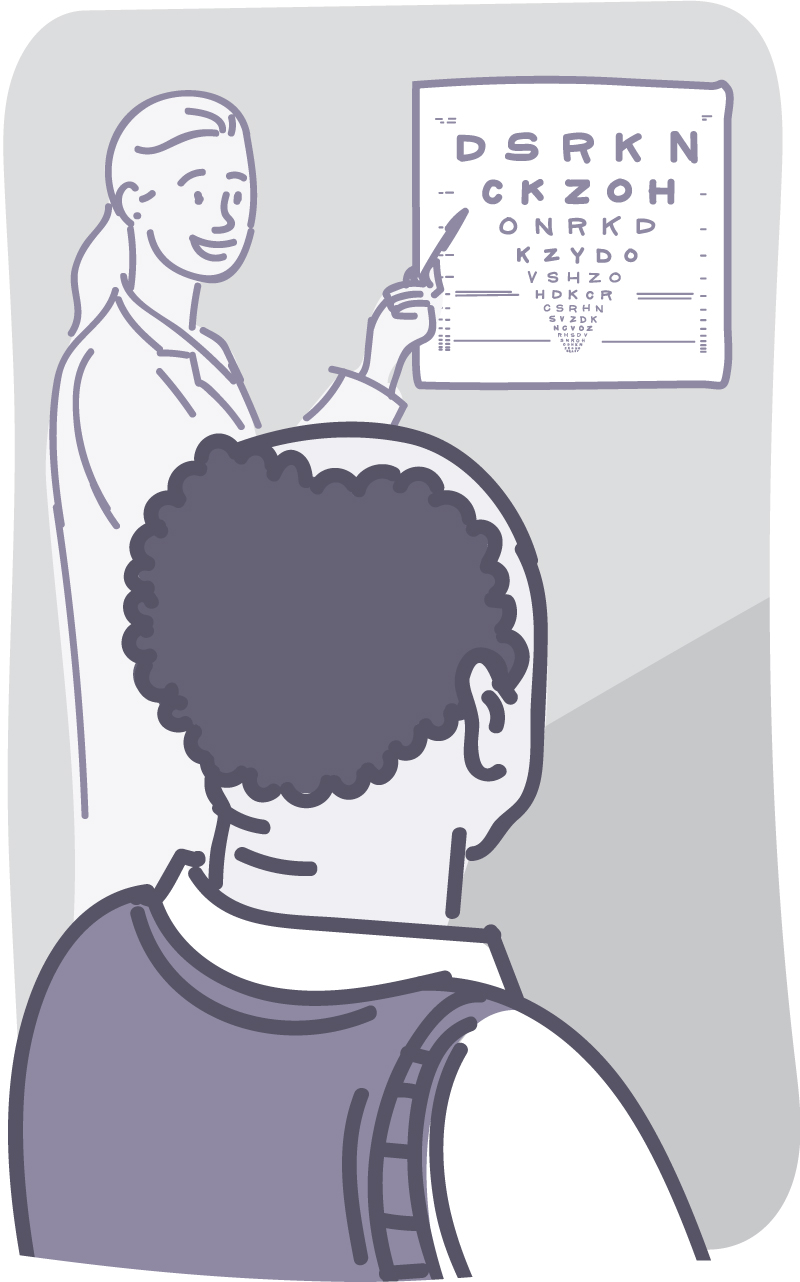 Illustration of a man looking at an eye chart.