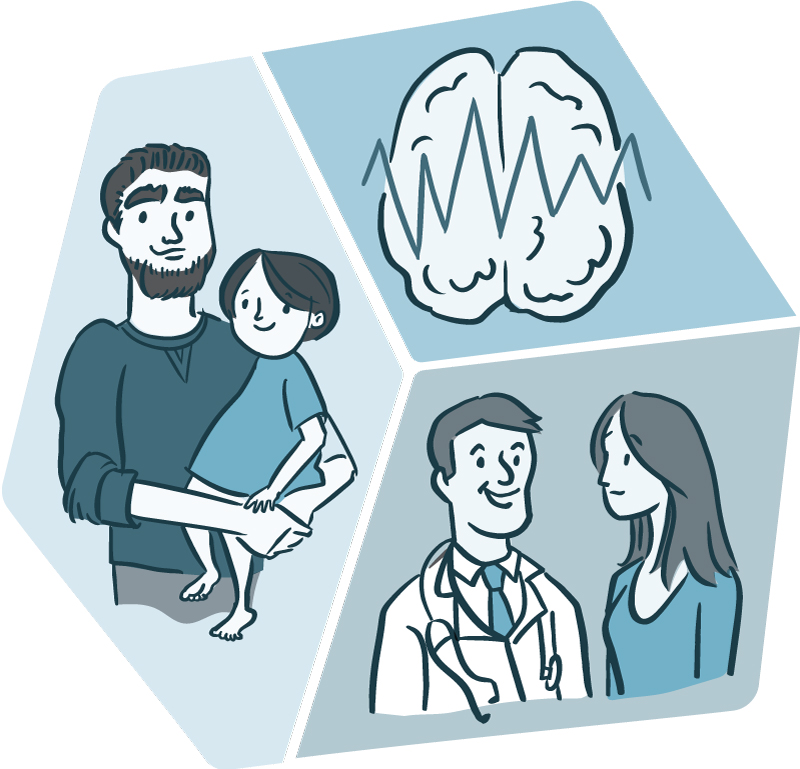 Illustration of a man holding a child; a doctor and patient; and a brain.
