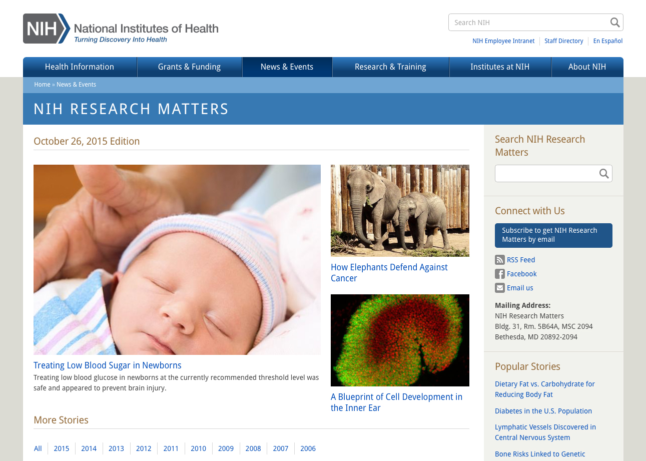 Screen capture of the homepage for NIH Research Matters.
