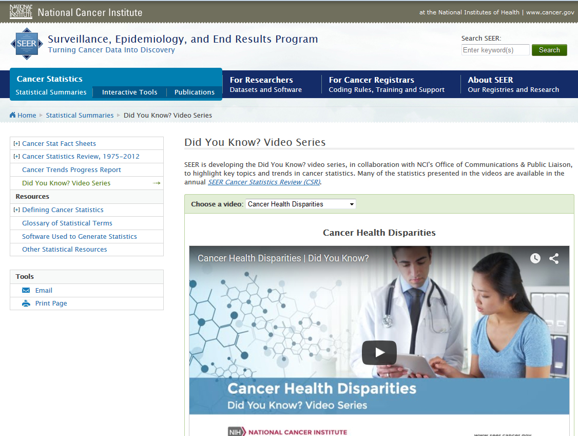 Screen capture of the homepage for Did You Know? Cancer Videos.