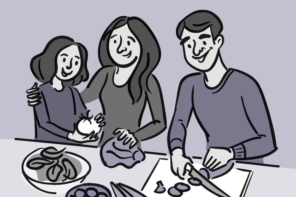 Illustration of a family making a healthy salad.