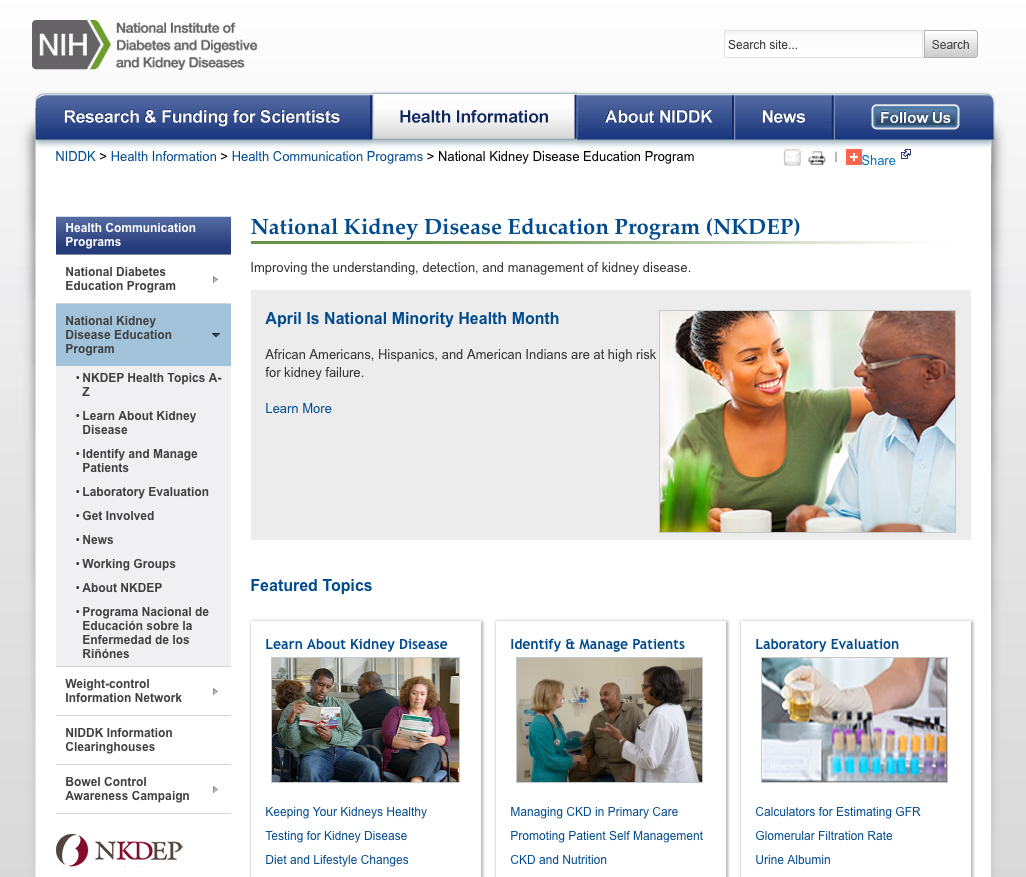 Screen capture of the homepage for NIH’s National Kidney Disease Education Program.