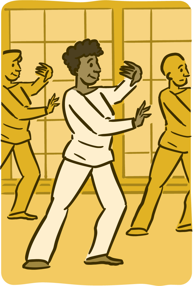 Illustration of older adults practicing tai chi.