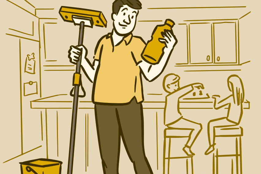 Illustration of a dad holding a mop and reading the label on a bottle of cleaning fluid in a kitchen.