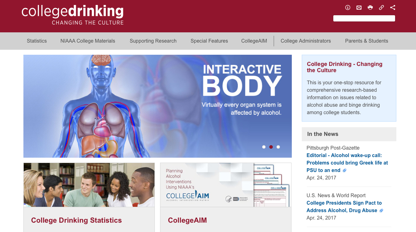 Screen capture of NIH’s College Drinking: Changing the Culture web page.