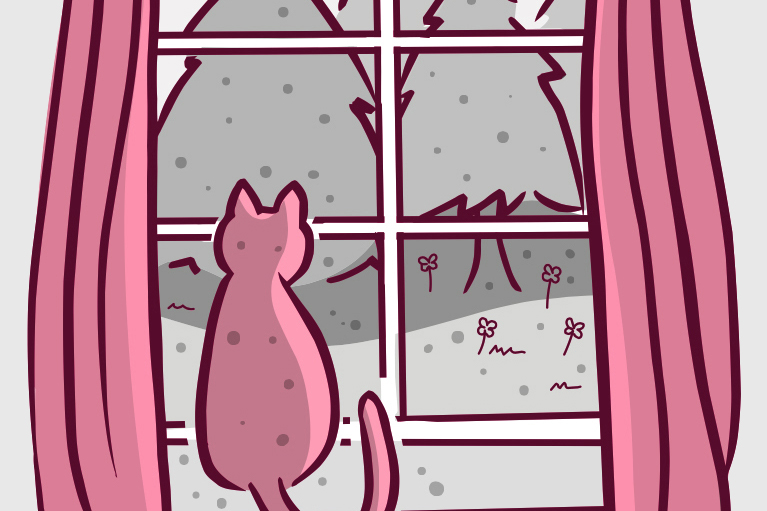 Illustration of cat sitting on a windowsill looking out at trees, flowers, and specks of pollen.