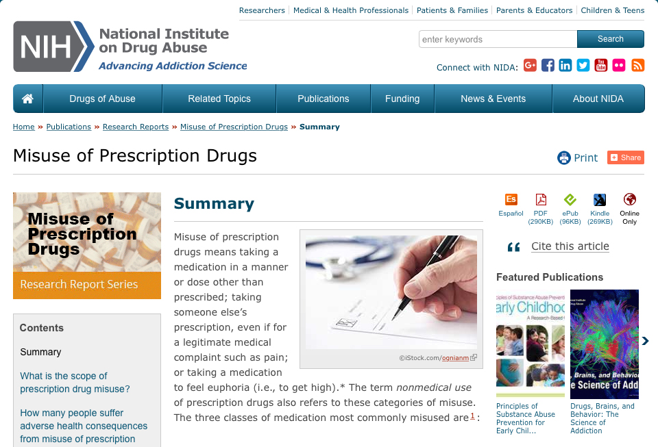 Screen capture of the homepage for NIDA’s Prescription Drug Abuse information.