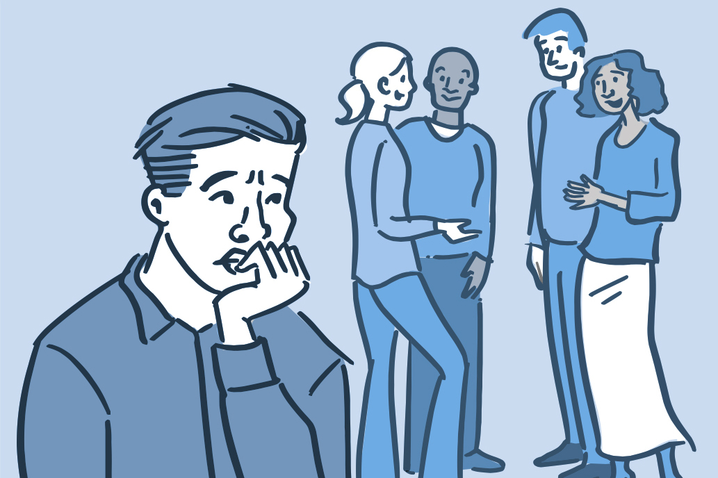 Illustration of a worried man standing apart from a circle of friends.