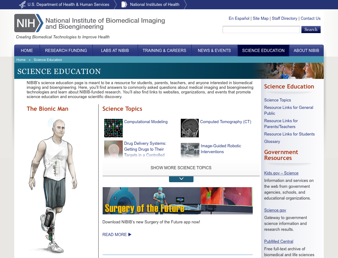 Screen capture of the homepage for Education: Biomedical Imaging and Bioengineering.
