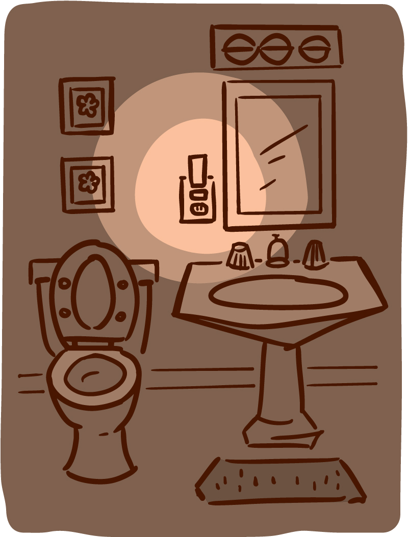 Illustration of bathroom toilet and sink lit up by a nightlight.