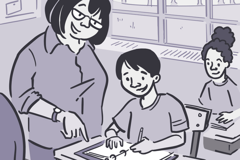Illustration of a teacher helping young students in a classroom.