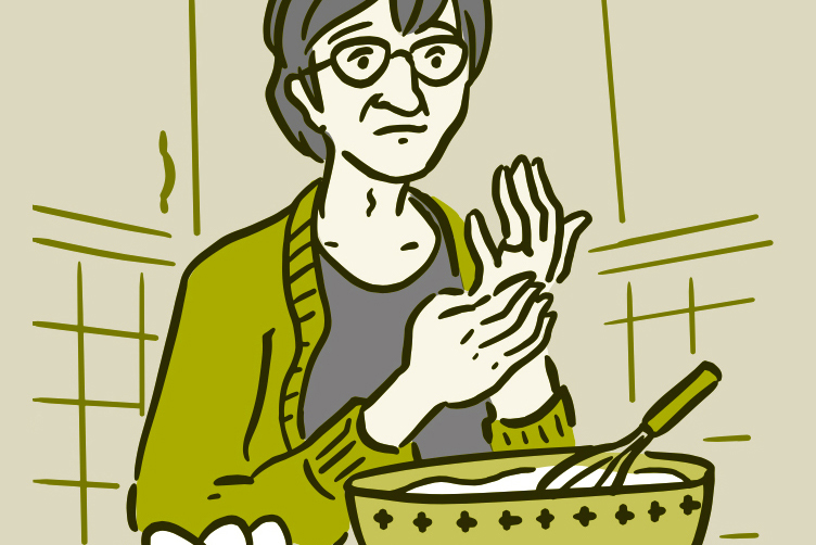Illustration of a woman trying to bake with pain in her hands.