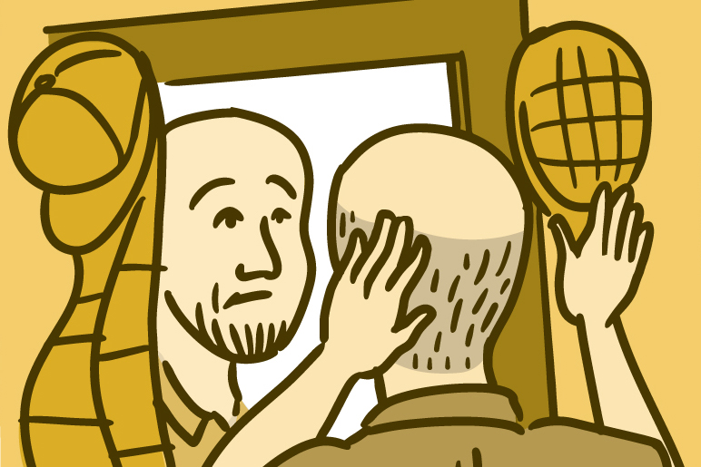 Illustration of a man looking in the mirror and touching his balding head