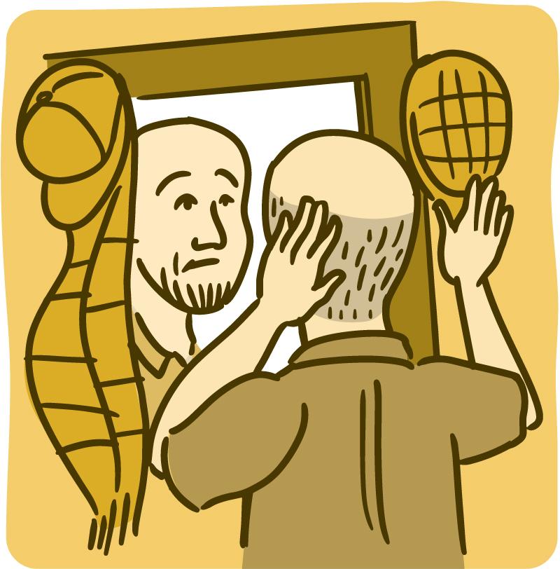 Illustration of a man looking in the mirror and touching his balding head. 