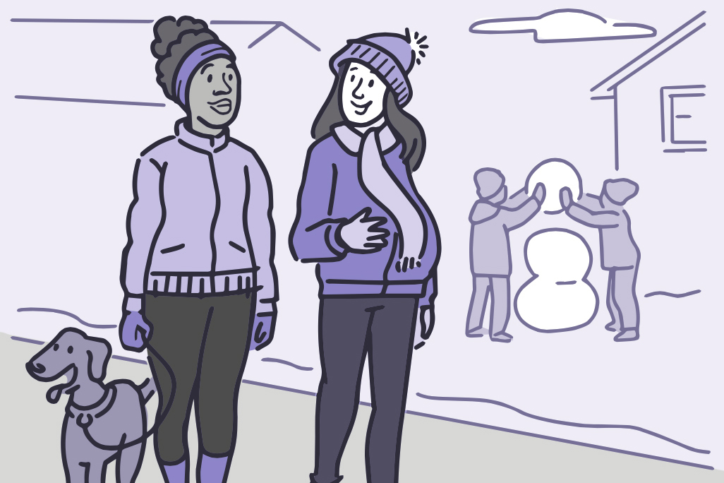 Illustration of a pregnant woman walking with a friend through a snowy neighborhood.