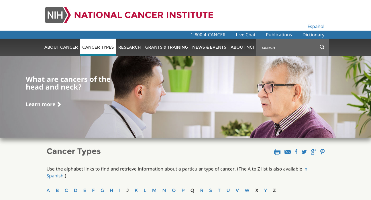 Screen capture of NIH’s Types of Cancer web page.