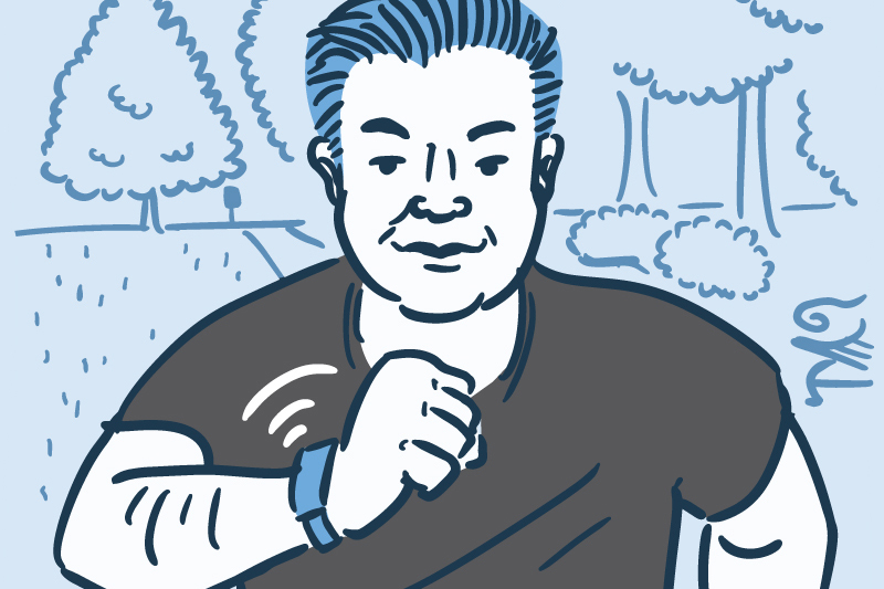Illustration of a man running looking at a health sensor on his wrist.