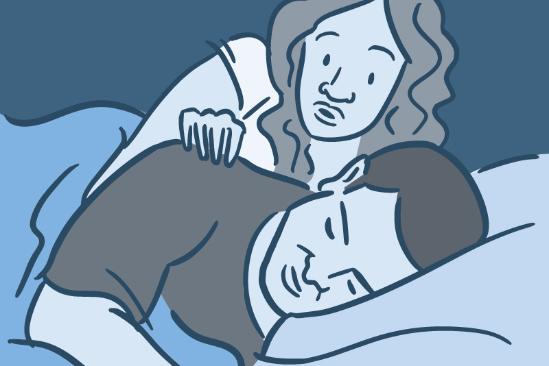 Illustration of a women waking her partner in bed.