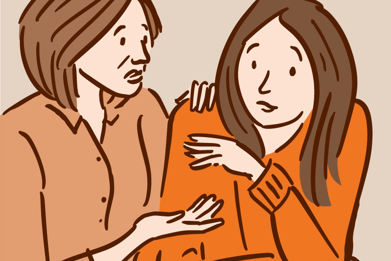 Illustration of a mother comforting and talking with her daughter.