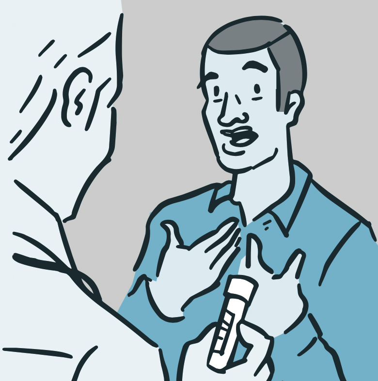 Illustration of a doctor holding a vial of blood while talking with a patient.