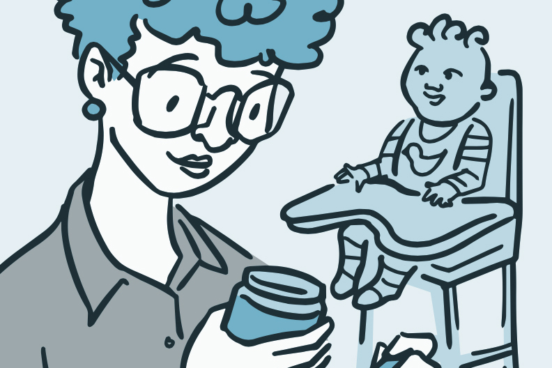 Illustration of mom reading ingredients on a jar of food while baby waits in high chair.