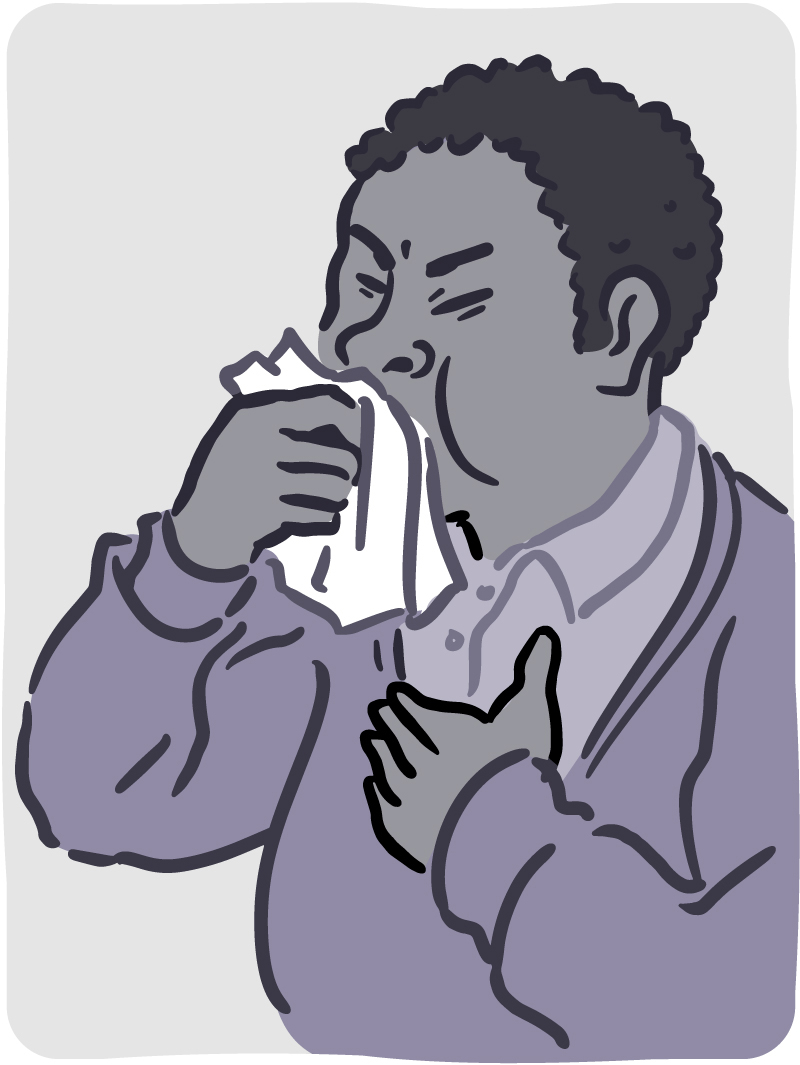 Illustration of man coughing into a tissue.