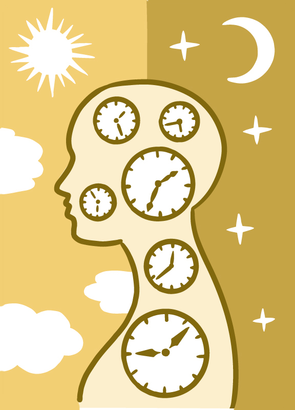 Illustration of a human silhouette filled with clocks