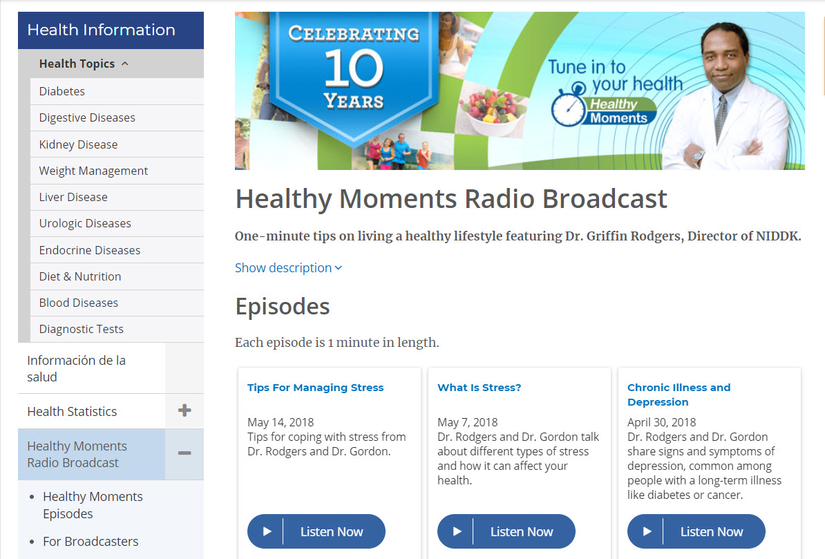 Screenshot of the healthy moments radio website