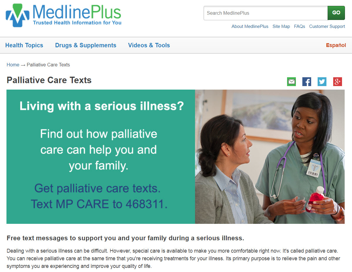 Screenshot of the palliative care text website