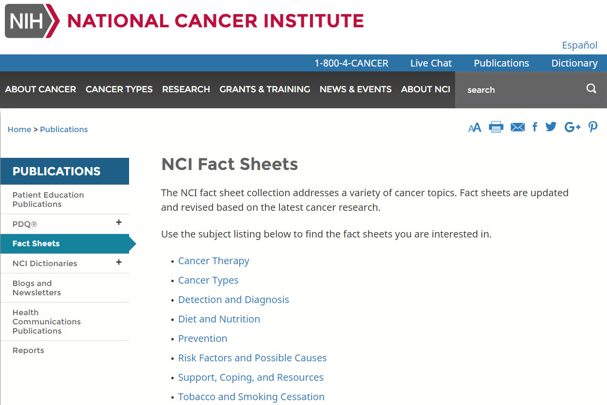 Screenshot of the Cancer Fact Sheet website