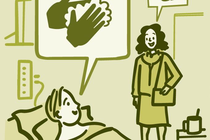 Illustration of a patient asking hospital visitor if they washed their hands