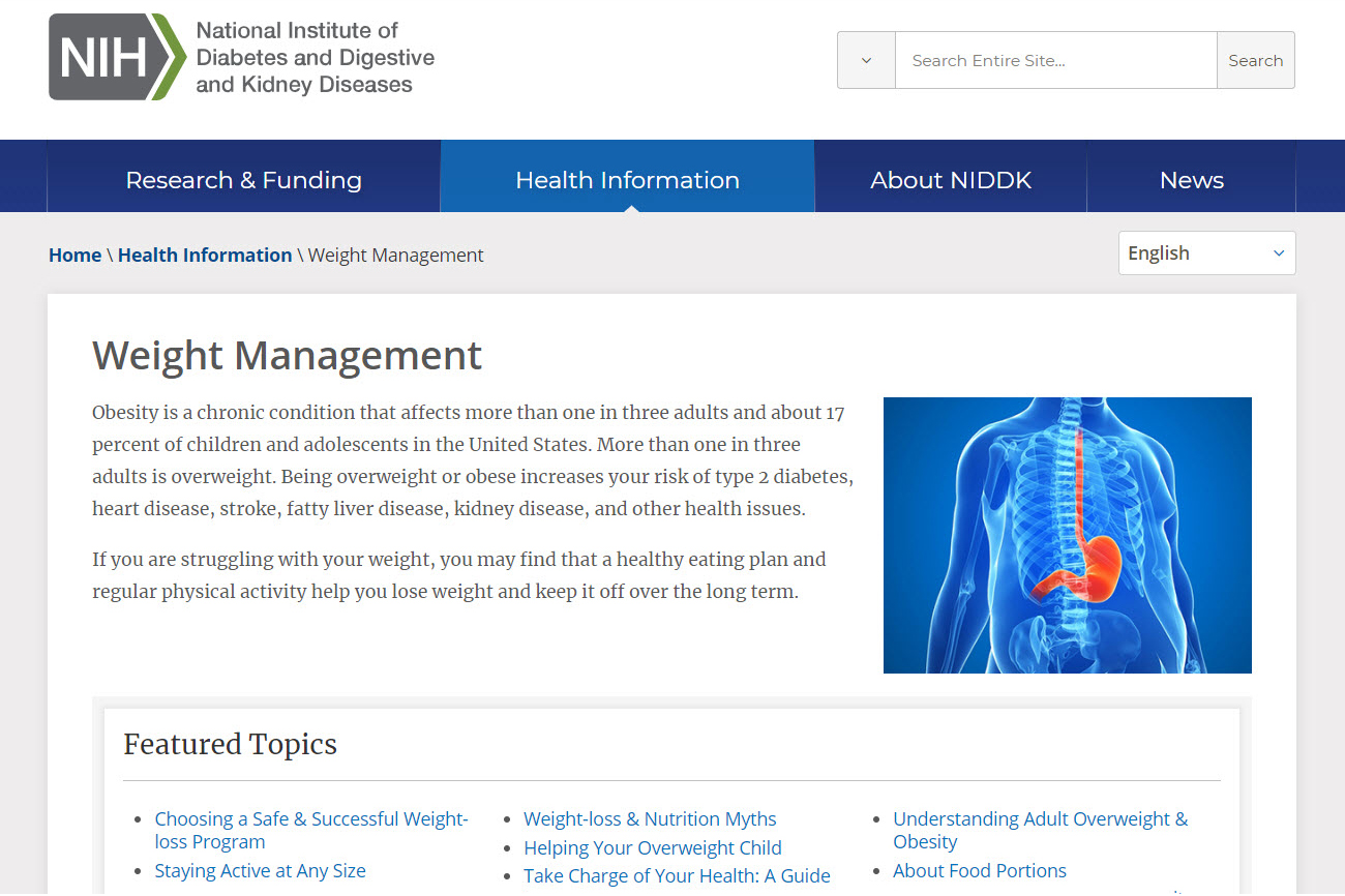 Screenshot of the weight management website