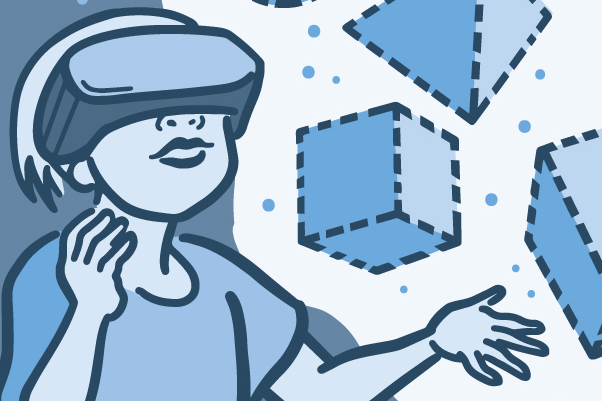 Illustration of a child using a virtual reality game to touch shapes
