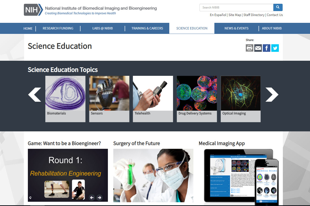 Screenshot of the NIBIB science education website