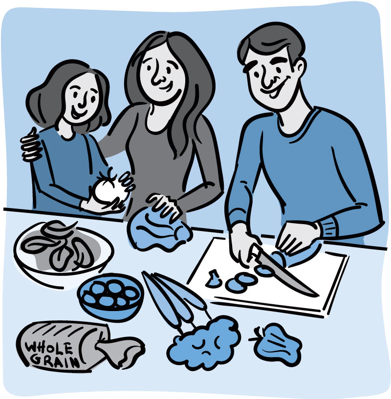 Illustration of a family making a healthy meal together
