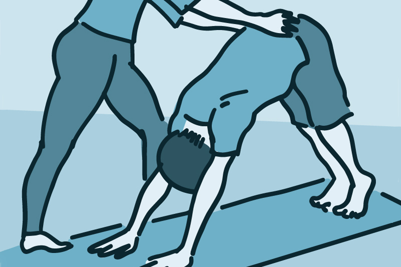 Illustration of a yoga instructor helping a student with a yoga position