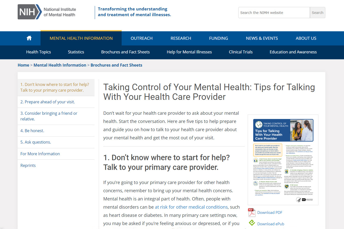 Screenshot of the Taking Control of Your Mental Health website