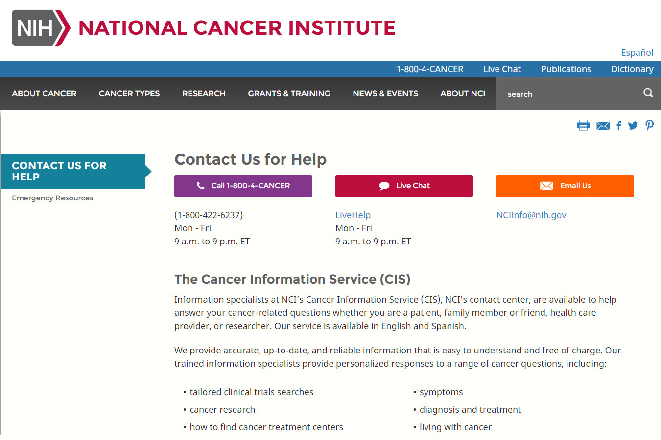 Screenshot of the Cancer Information Service website