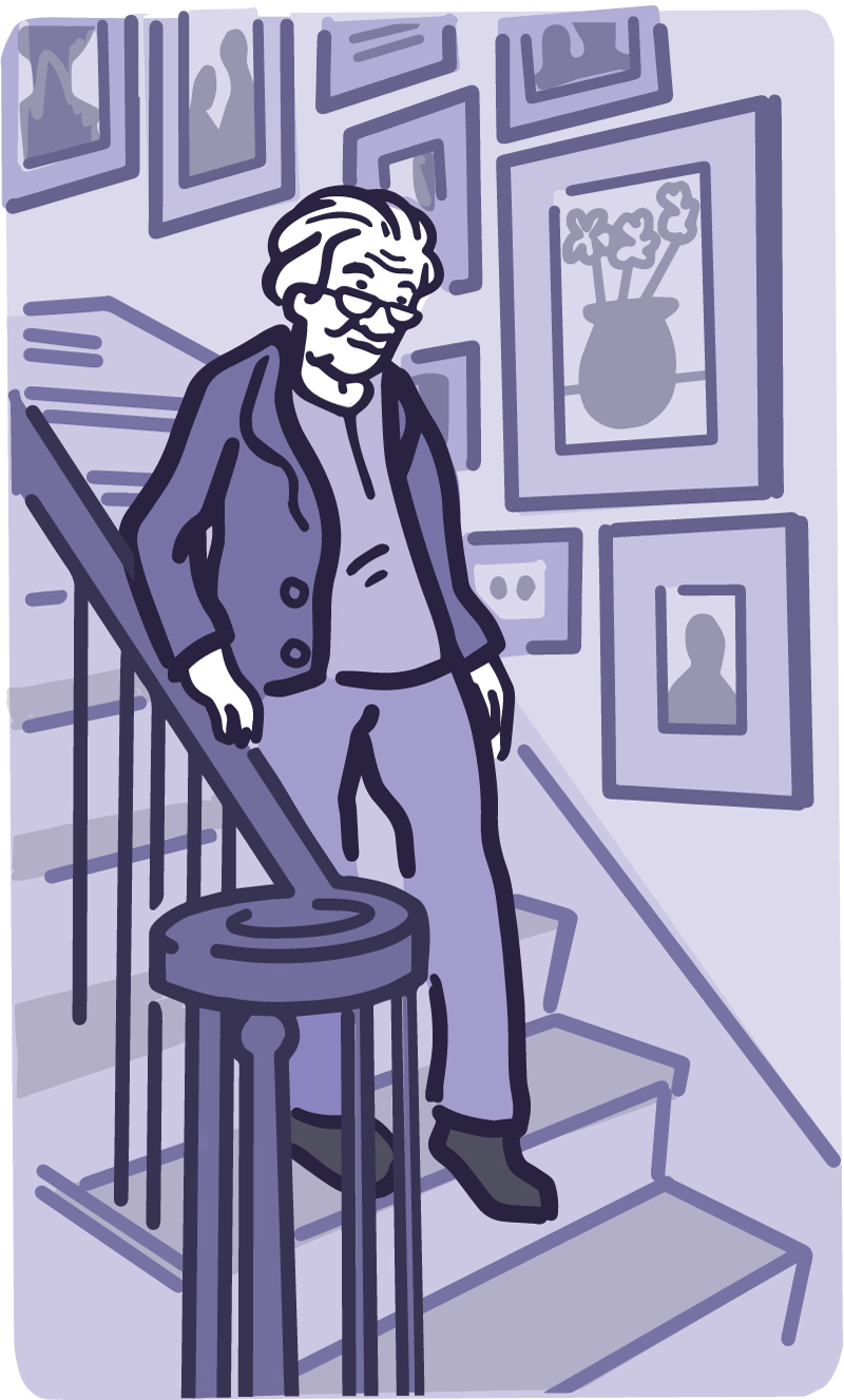 Illustration of an older adult holding the handrails when using the stairs