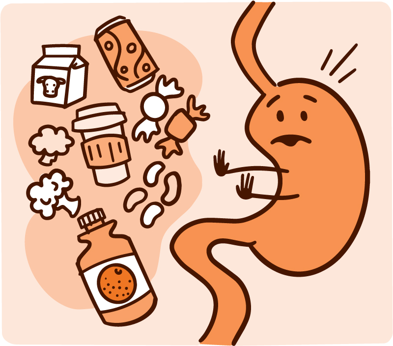 Illustration of a stomach saying no to different foods