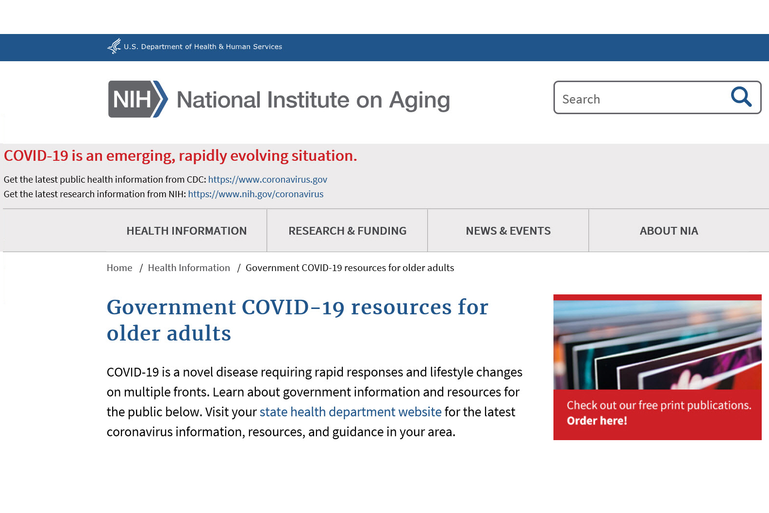 Screenshot of the Covid Resources for Older Adults website