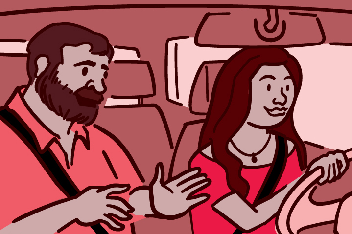 Illustration of the passenger in a car talking to the driver